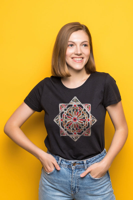 Sacred Geometry Embroidered Artwork Half Sleeve Black T-shirt For Women