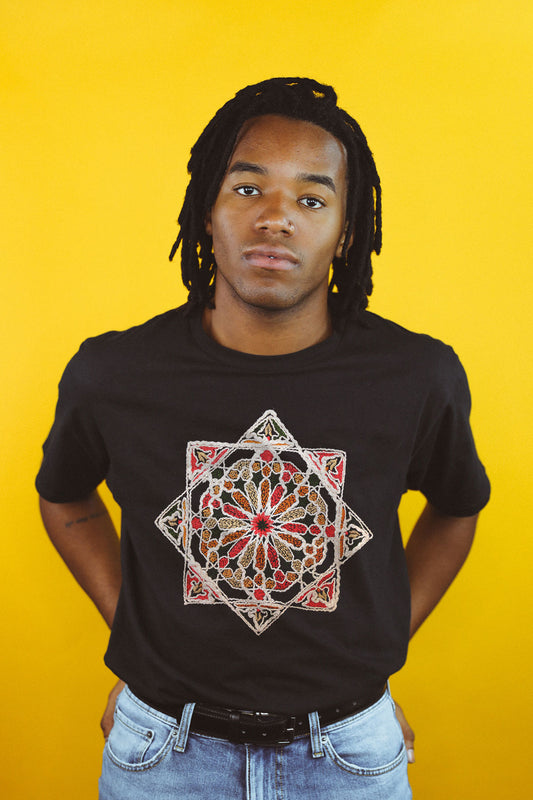 Sacred Geometry Embroidered Artwork Half Sleeve Black T-shirt For Men