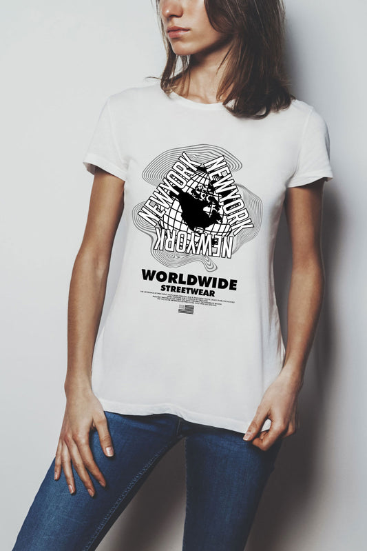 New York Worldwide Vintage Graphic Art White Half Sleeve T-shirt For Women